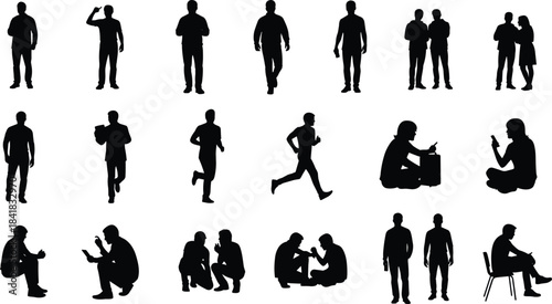 Human silhouette set, walking sitting talking, black vector icons, posture gesture mix, mobile use, everyday motion poses