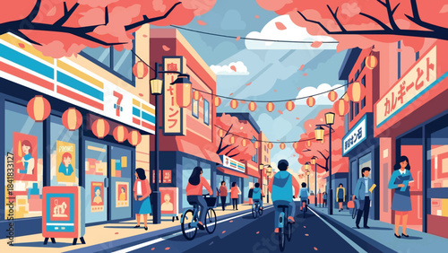 Vibrant Japanese street scene with cherry blossoms, people cycling, and traditional shops under a festive sky.