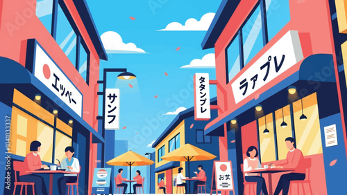 Vibrant street scene in a Japanese town with people dining outdoors under umbrellas and colorful buildings.