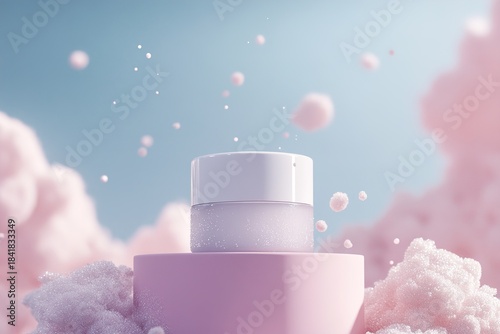 Dreamy pastel cosmetics jar on pink pedestal against a cloud-filled sky for beauty branding