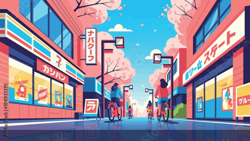 Colorful vector illustration of a Japanese street with cyclists and cherry blossoms.
