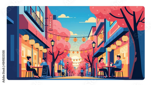 A vibrant street scene adorned with pink cherry blossom trees, featuring people dining outdoors at cafes and shops under a blue sky.