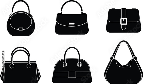 Silhouette sketch of six handbags, fashion accessories, strap and clasp styles, vintage illustration, retail concept, design variety