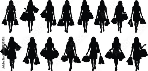 Silhouette sketch of woman walking with shopping bags, consumer behavior, retail concept, fashion lifestyle, vintage illustration