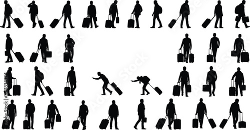 Traveler silhouettes, rolling suitcase icons, walking standing poses, black vector people, airport motion, luggage pulling, transit gesture, travel scene