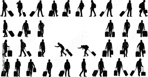 Traveler silhouettes, rolling suitcase, airport walking, black vector icons, travel posture, luggage pulling, standing figures, tourism motion, transit people, journey