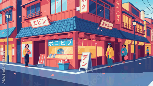 A vibrant anime-style illustration of a corner shop on a sunny day with people walking by.