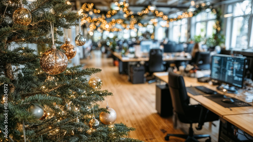 Modern office decorated for Christmas holiday celebration with festive tree and IT workers in open plan workspace during daytime