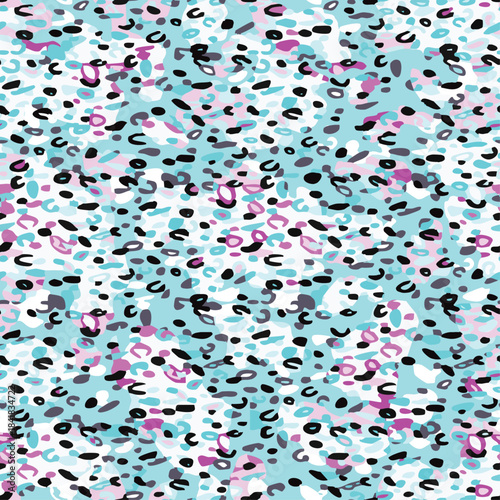 Full Seamless abstract leopard pattern with cheetah skin spots in turquoise, pink, white and grey. Modern animal print background for fashion textile, clothing, dress, scarf and trendy streetwear.