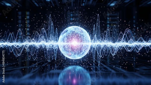 A futuristic concept showing a glowing energy core surrounded by high-frequency digital sound waves