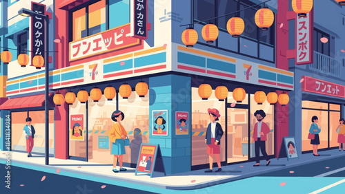 A vibrant, cartoon-style street corner in a Japanese city with a convenience store and people.