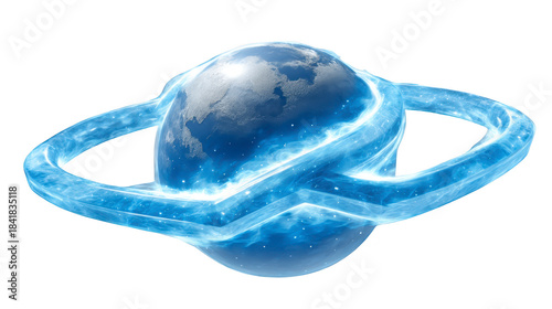 Glowing blue planet with luminous rings, resembling Saturn, floats in space with reflective surface and ethereal light, evoking sense of wonder and cosmic mystery