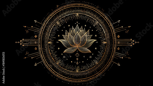 Luxurious golden lotus flower in intricate sacred geometry circle with cosmic rays on dark background, elegant spiritual design element.