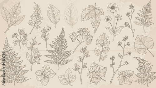 Vintage botanical illustrations featuring various leaves, ferns, and delicate flowers in a hand-drawn sketch style on a textured background.