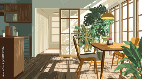 Sunny Modern Dining Room with Lush Houseplants and Wood Furniture, Bathed in Natural Light through Large Windows, Creating a Serene Home Interior