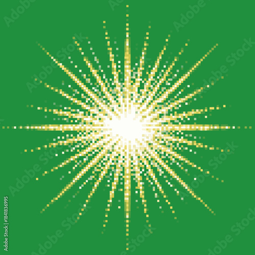 A bright, pixelated yellow starburst radiating light outwards on a solid green background, creating a dynamic visual effect.