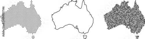 Three different pixelated and line illustrations of australia map