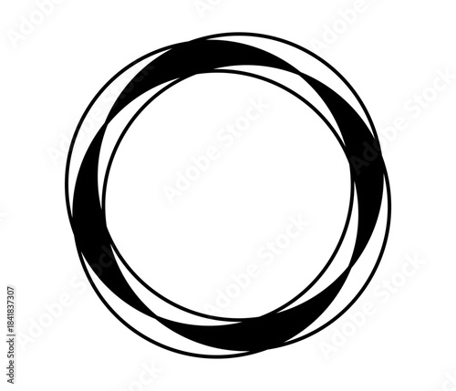 Black circular design element with two overlapping rings on isolated