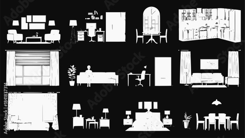 Professional collection of minimalist interior design silhouettes on black. Featuring modern kitchen arrangements, dining sets, office workspaces, and cozy living room furniture layouts.