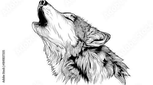 Powerful black and white ink illustration of a wolf howling, detailed wildlife sketch, wild animal drawing, nature artwork.