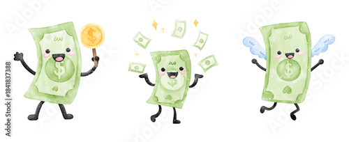 Cute Money Characters – Dollar Bills Mascots – on Transparent Background Illustration Vector. Adorable dancing dollar-bill mascots - perfect for playful finance content, stickers, apps, kids materials
