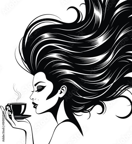 Woman with Flowing Hair Drinking Coffee Vector