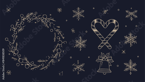 A detailed line art vector set of classic Christmas elements, including a winter wreath, various snowflakes, heart-shaped candy canes, and a festive bell with a bow, on a dark navy background.