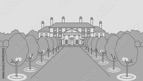 A grand mansion with a long tree-lined driveway leading up to its classical facade.