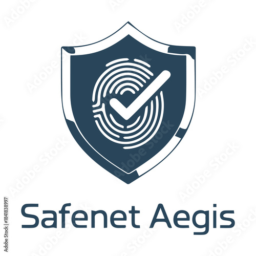 Safenet Aegis fingerprint shield with verification check, modern cybersecurity identity protection logo for apps, banking, fintech and secure platforms