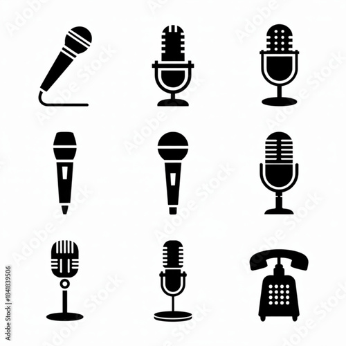 Microphone icon collection in black silhouette featuring handheld studio vintage and broadcast microphones for audio recording music podcasting and communication design