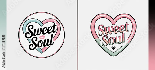 Sweet Soul pastel heart lettering logos in glossy circle badges, romantic wordmark vector for boutique branding, greeting cards, packaging and apparel