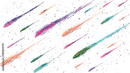 Dynamic colorful abstract brushstroke streaks resembling shooting stars or meteors on a white speckled background. Energetic cosmic design element.