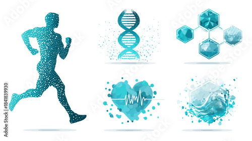 Abstract health, science, and wellness icons set with running man, DNA, molecular structures, heart, and water splash illustrations.