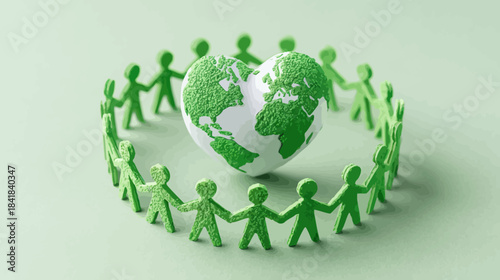 Eco-friendly global community: Green heart Earth surrounded by paper people holding hands, symbolizing environmental care, unity, and sustainability