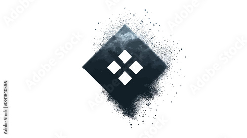 Abstract Dark Geometric Diamond Shape with Four White Inner Squares and Distressed Grunge Splatter Effect