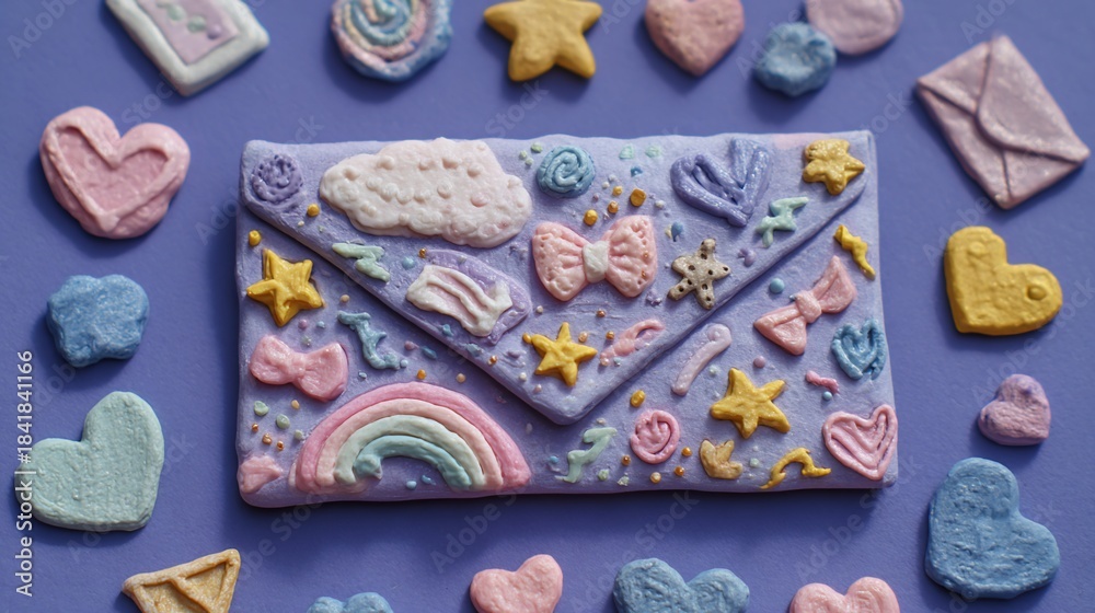 Fototapeta premium Pastel sweets shaped like letters, hearts, stars on lavender