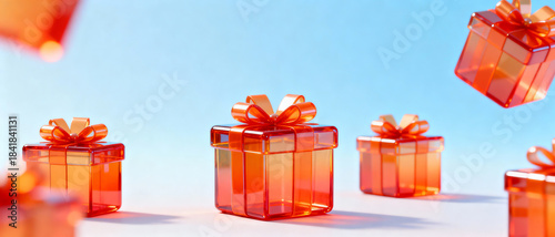 Group of bright red or orange transparent gift boxes with bows: some standing on the surface while others are floating, symbolizing a cheerful, dynamic, and modern celebration.