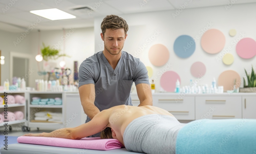 Obraz premium Male therapist performing massage therapy in modern clinic