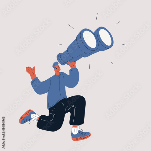 Cartoon vector illustration of a man with binoculars searching for answers on the horizon