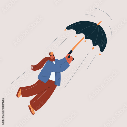 Cartoon vector illustration of a man blown away by wind with an umbrella, lifted like a runaway balloon