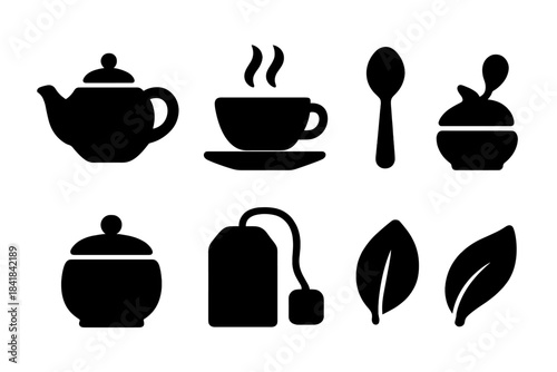 Warm Tea Icons. Warm tea setup. Filled icon set of Warm tea setup: teapot, cup, saucer, steam swirl, teaspoon,