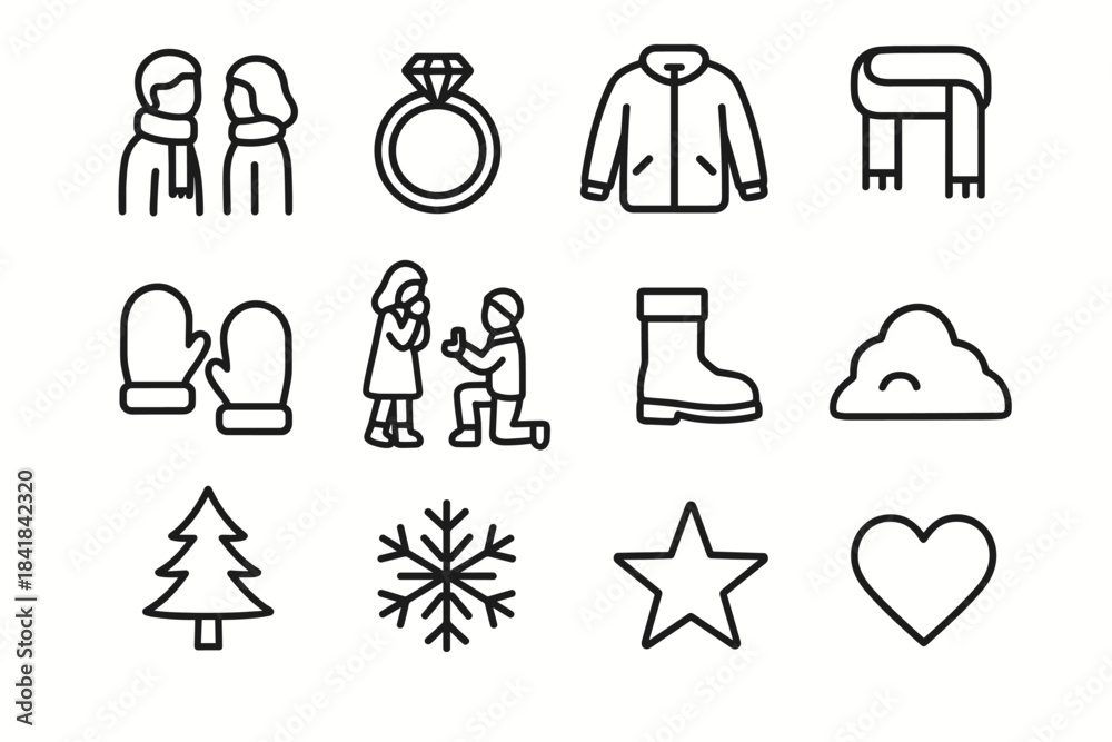 Fototapeta premium Winter Engagement Icons. Winter engagement scene. Line outline icon set of Winter engagement scene: couple