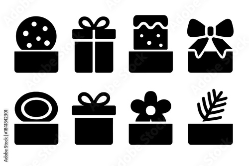 Holiday Treat Icons. Holiday treats in boxes. Filled icon set of Holiday treats in boxes: cookie, gift box,