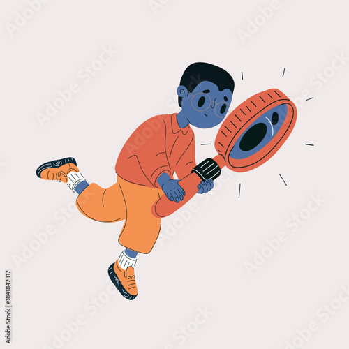 Cartoon vector illustration of a boy peering through a magnifying glass, discovering tiny worlds up close