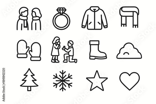 Winter Engagement Icons. Winter engagement scene. Line outline icon set of Winter engagement scene: couple