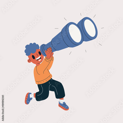 Cartoon vector illustration of a little boy holding binoculars, exploring the world with wide-eyed curiosity