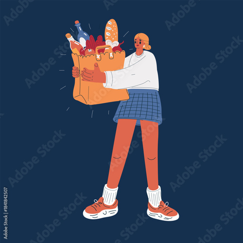 Cartoon vector illustration of a woman holding a paper bag, carrying groceries or a gift
