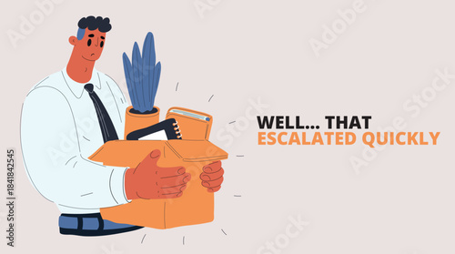Cartoon vector illustration of a man looking sad after being laid off, holding his belongings and facing uncertainty