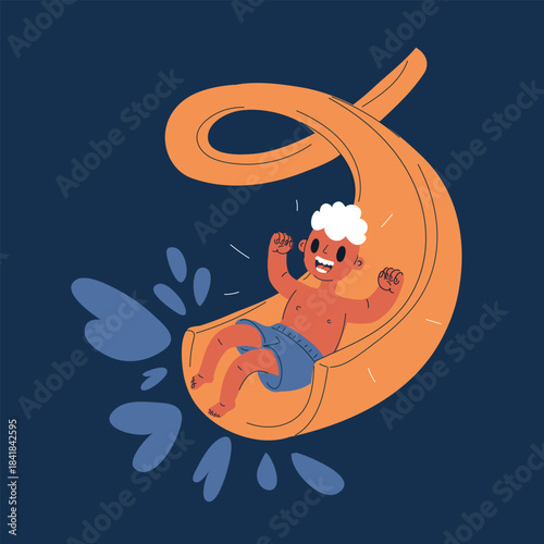 Cartoon vector illustration of a little boy sliding down a water slide at a water park, having fun and laughing