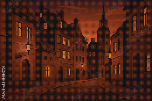Halftone Vector Art Old Town Street Night Vintage Architecture Cityscape Orange Dot Pattern Poster Background Illustration Ancient Urban District Retro Landscape Design